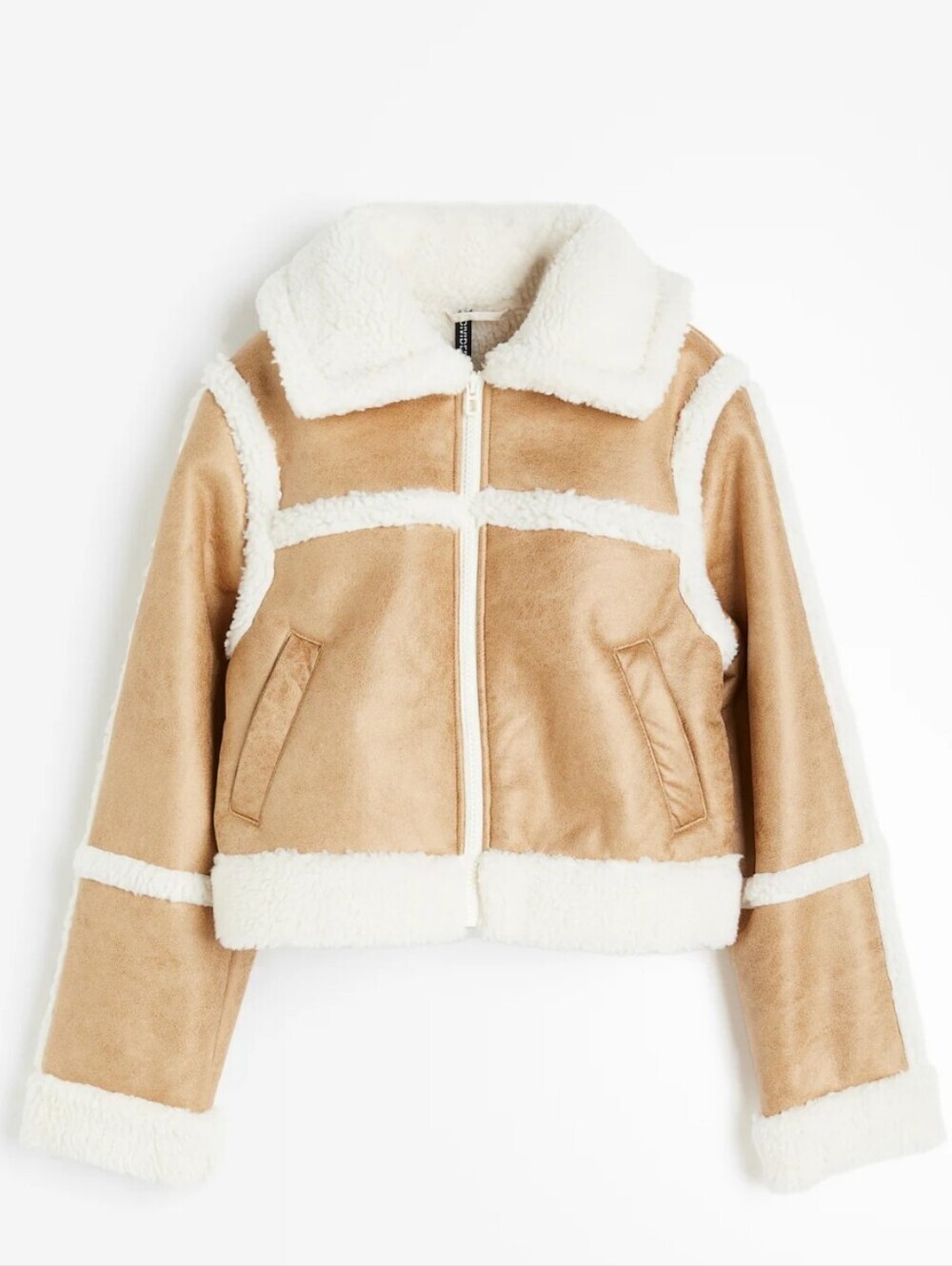 H&M Suede-Look Shearling Trim Jacket in Camel and Cream